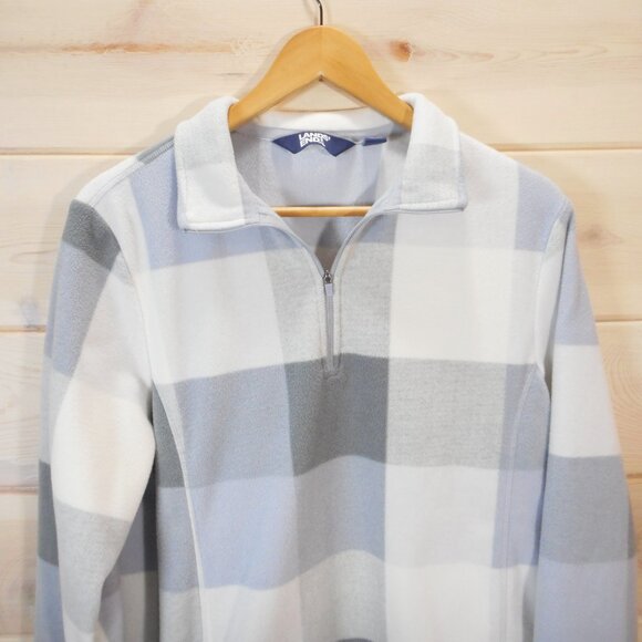 Lands' End Women's size L Fleece 1/4 Zip Pullover White Gray Plaid Sweatshirt - Picture 2 of 8